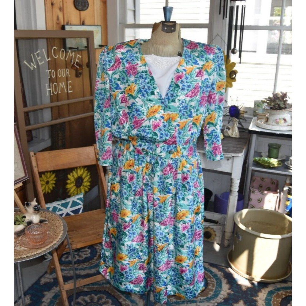 90s Floral Dress Breli Originals - Button Front, 3/4 Sleeve, Made in USA, Large